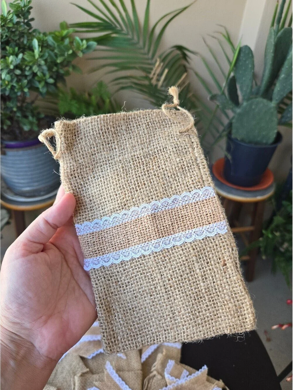 Rustic Burlap Drawstring Gift Bags with Lace Ribbon Wedding Favor Lot